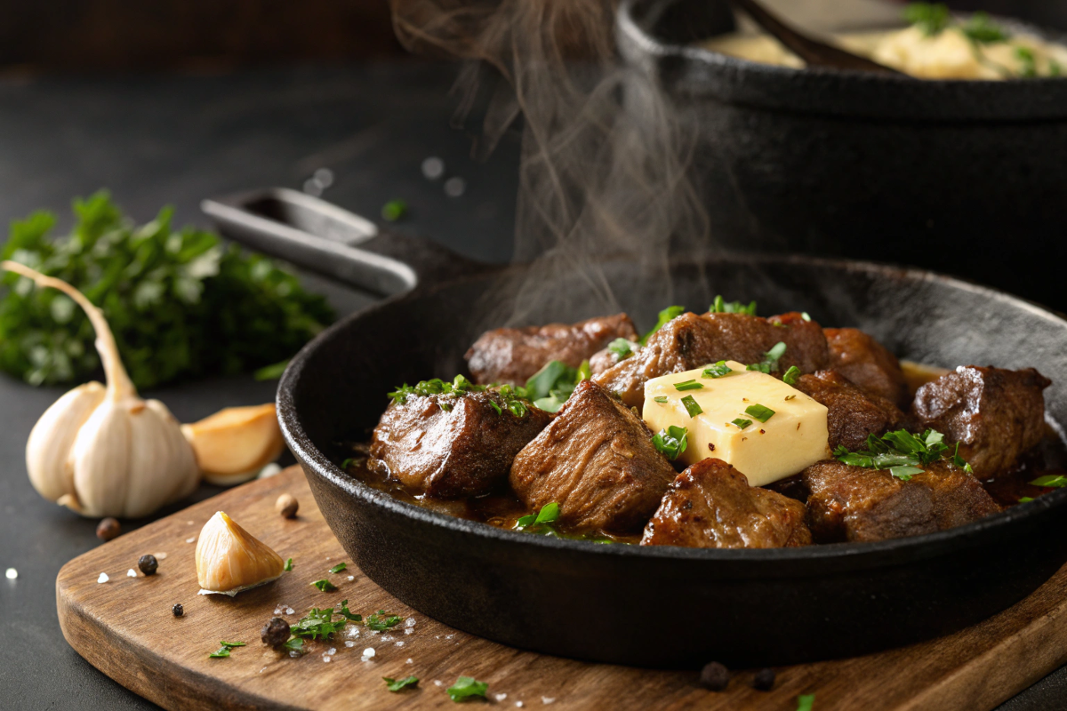 Juicy garlic butter steak bites sizzling in a skillet