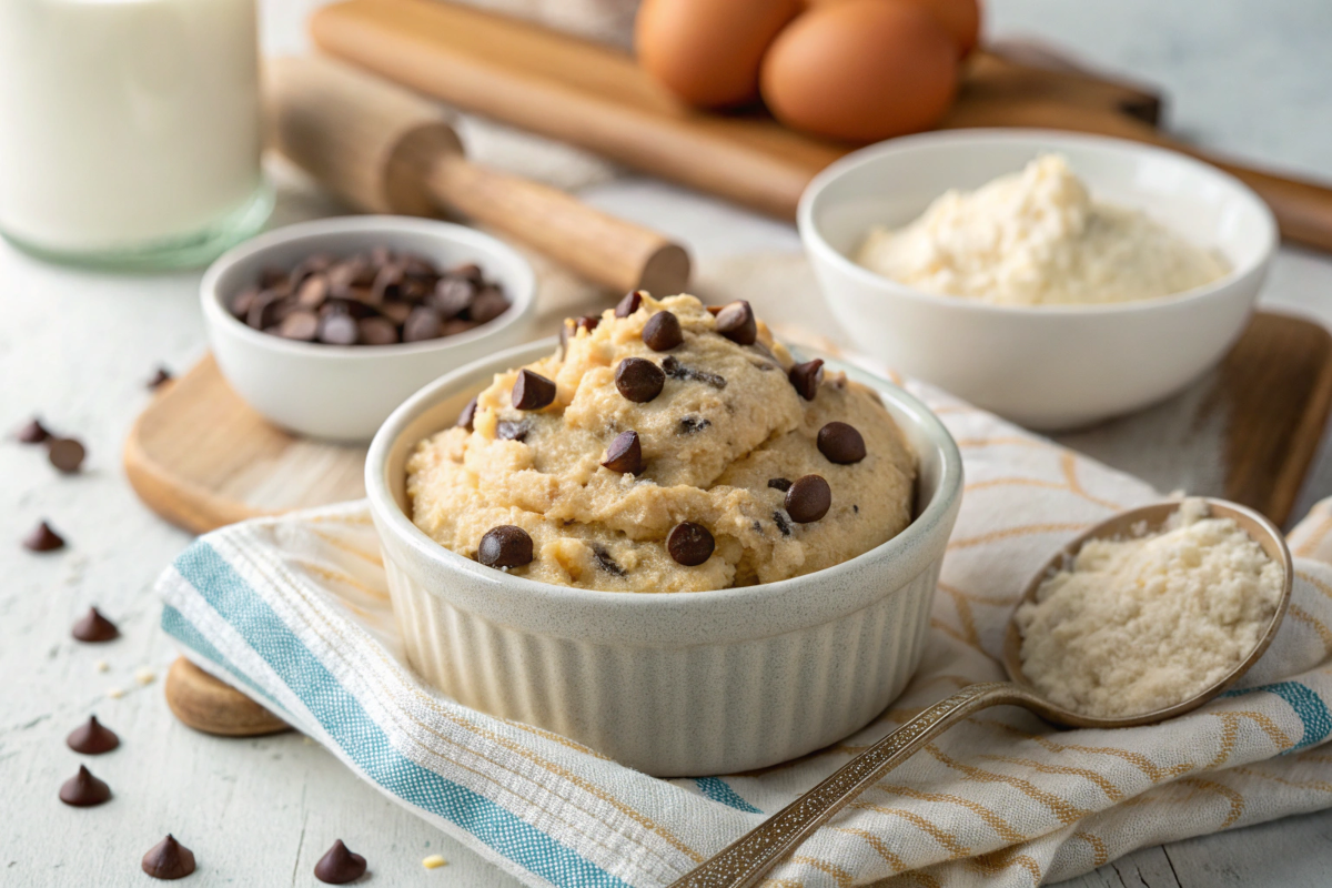 Bowl of creamy cottage cheese cookie dough with chocolate chips