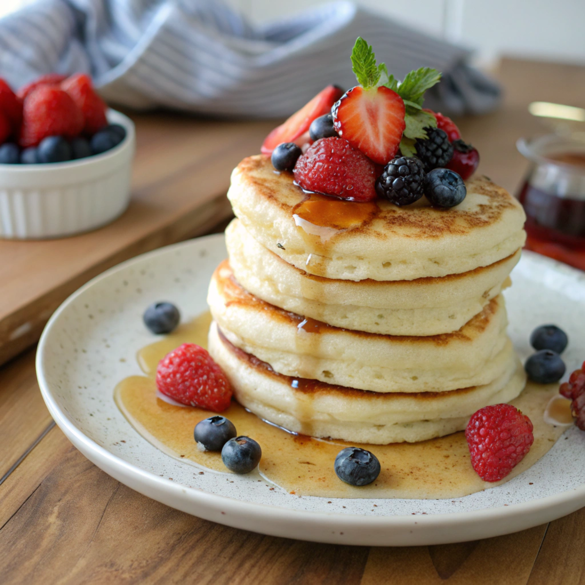 A stack of golden, fluffy eggless pancakes topped with fresh berries and maple syrup.